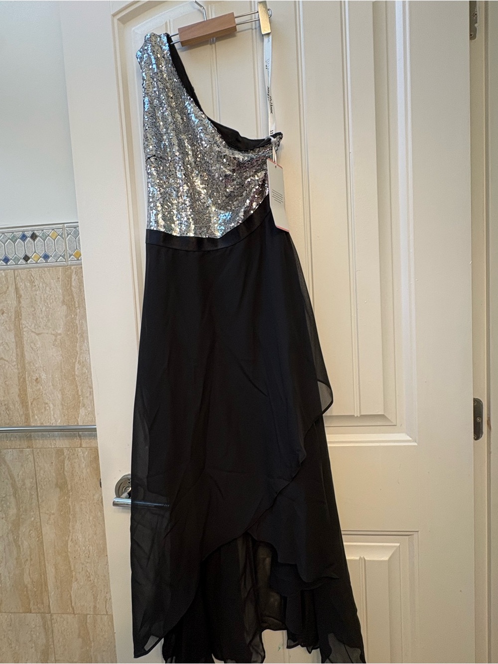NWT JJs House Silver Sequin & Black One-Shoulder Evening Dress- Size S